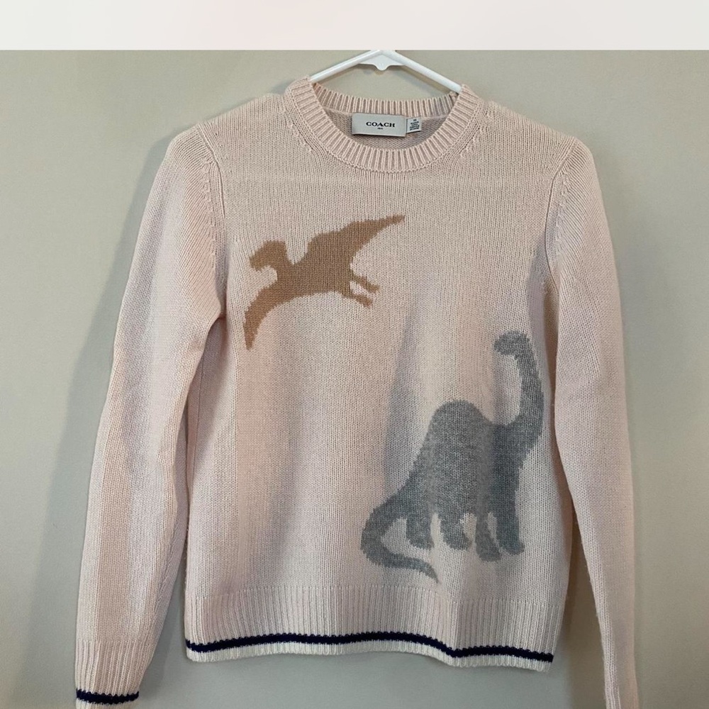 Coach Pink and Brown Crew Neck Dinosaur Sweater cashmere xs